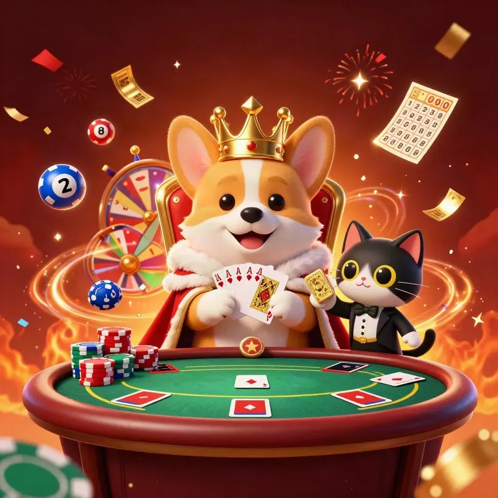 Crowned corgi and cat butler amid chips, prize wheel, lottery balls, confetti, and fiery casino glow.