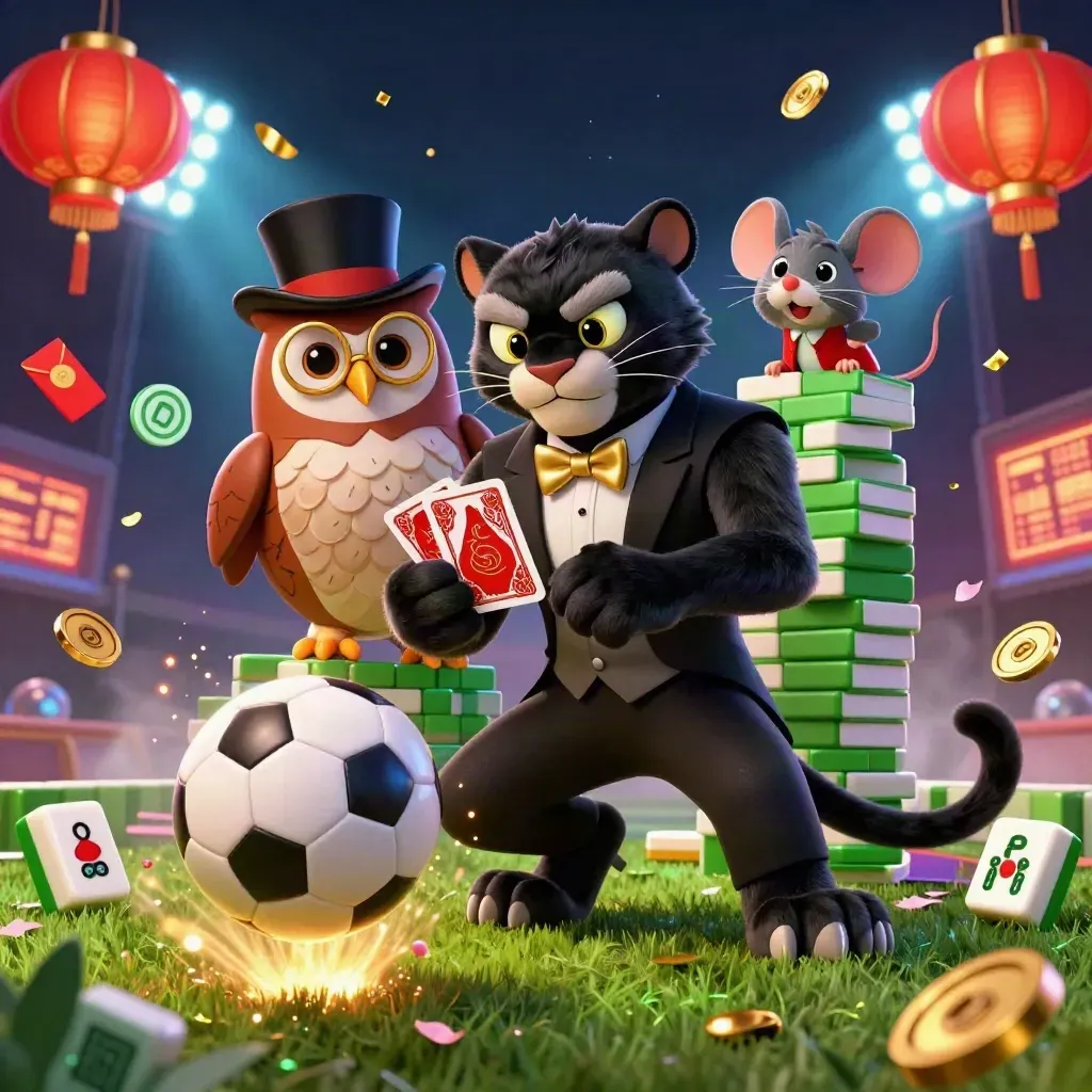Tuxedo panther, owl, and mouse amid a soccer ball blast, chips, lanterns, and gold sparks.
