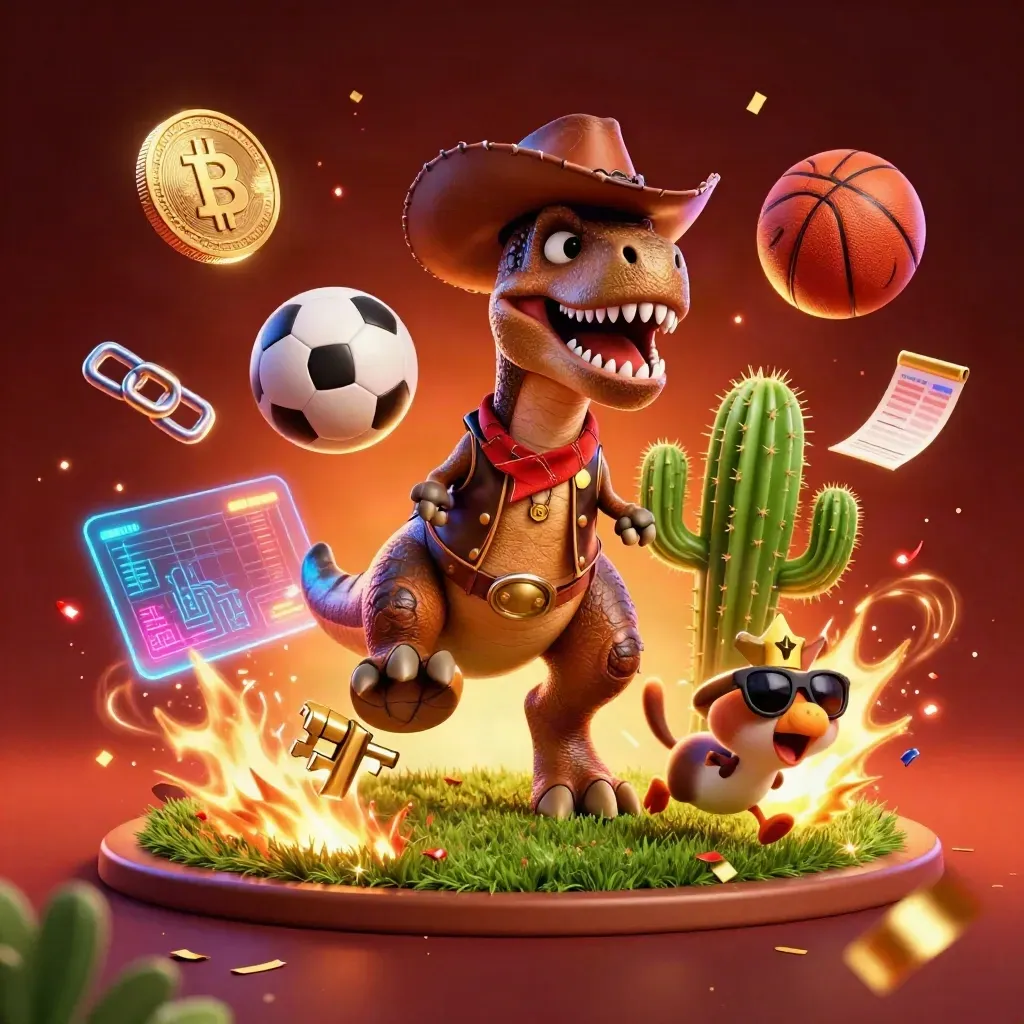 Cowboy T-Rex, cactus sidekick, and roadrunner amid casino crypto sports chaos.