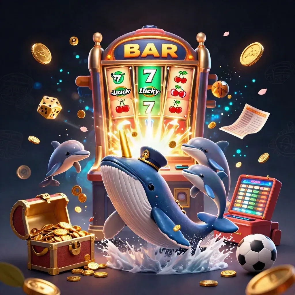 Whale, narwhal, dolphins, coins, slot machine, treasure, and sports balls burst in neon casino magic.