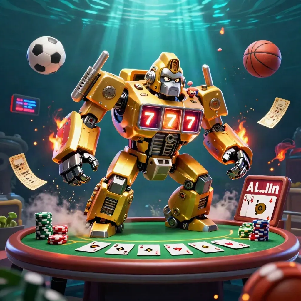 Golden gorilla mech with monkey pilot, poker chips, balls, and casino lights in a teal glow.
