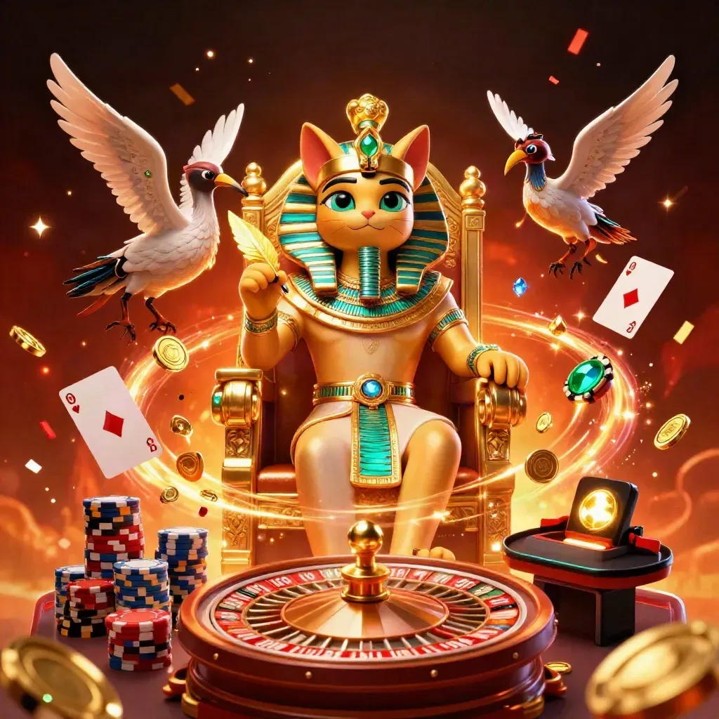 Pharaoh cat, ibis scribe, scarabs, coins, gems, roulette wheel in luxe casino glow.