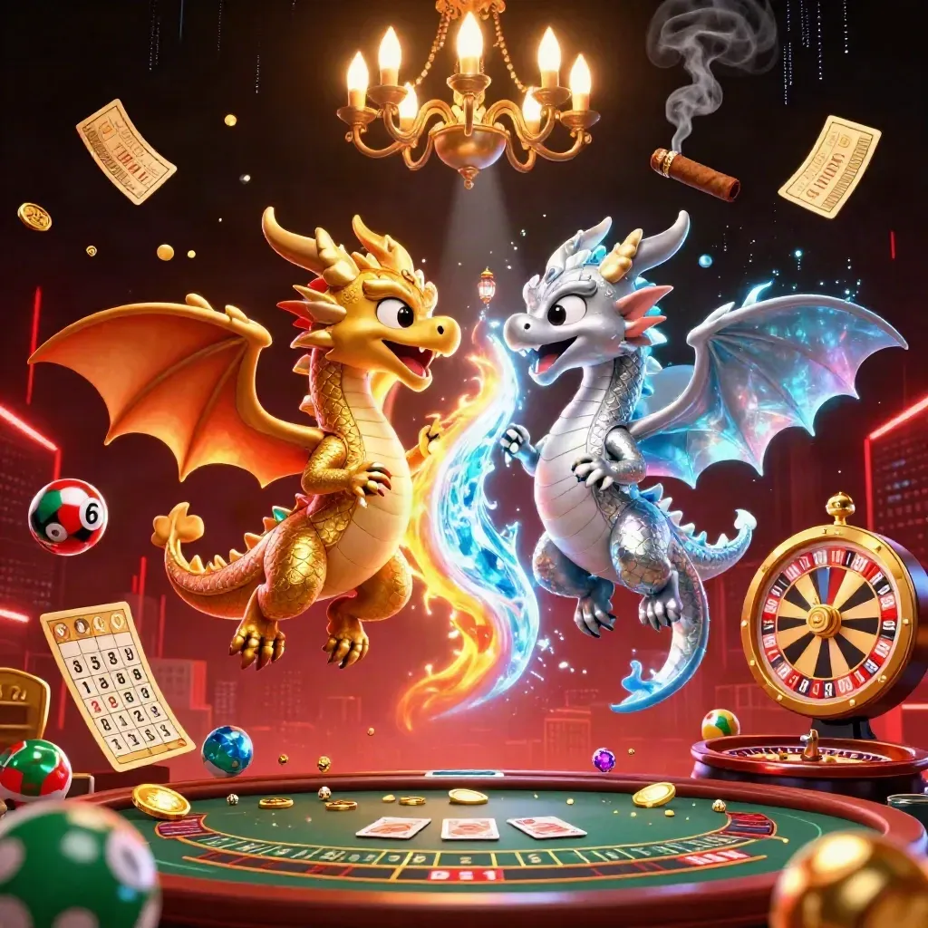 Gold and silver dragons whirl over casino lights with wheels, cards, and glowing neon effects.