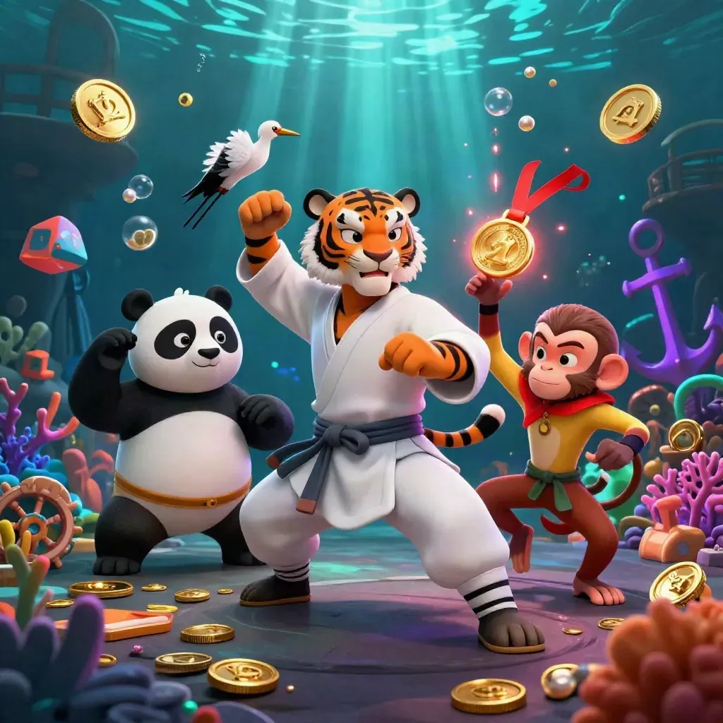 Kung-fu tiger, panda, and monkey in an underwater treasure cove with glowing coins and coral.