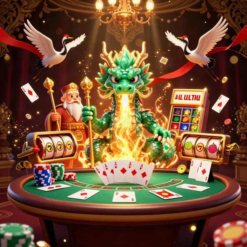 Emerald dragon, turtle sage, and ribbon cranes amid poker chips, cards, and casino glow.