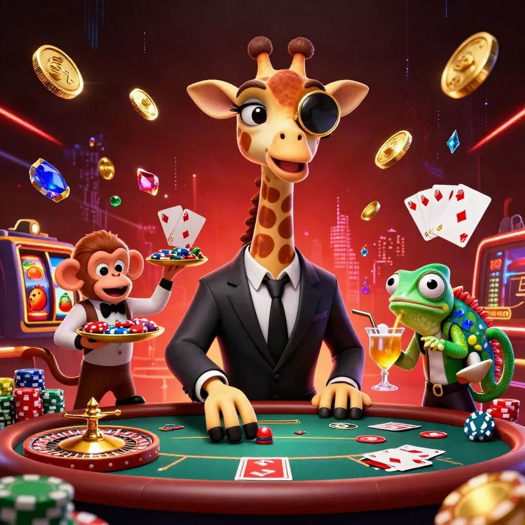 Giraffe, monkey, and chameleon at a glowing poker table with coins, cards, and chips.