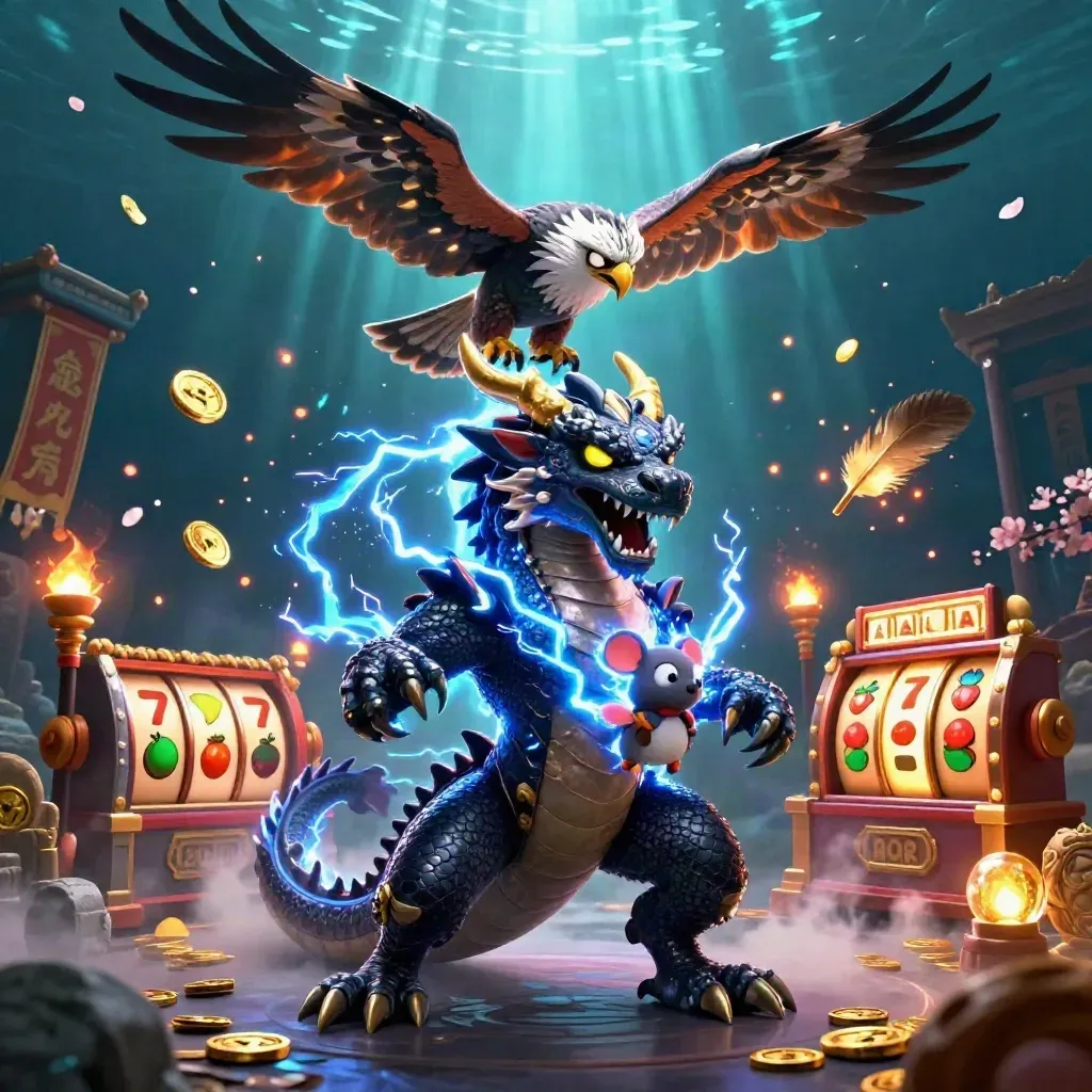 Thunder dragon, wind hawk, and crackling mouse amid temple gate, coins, reels, and neon underwater glow.