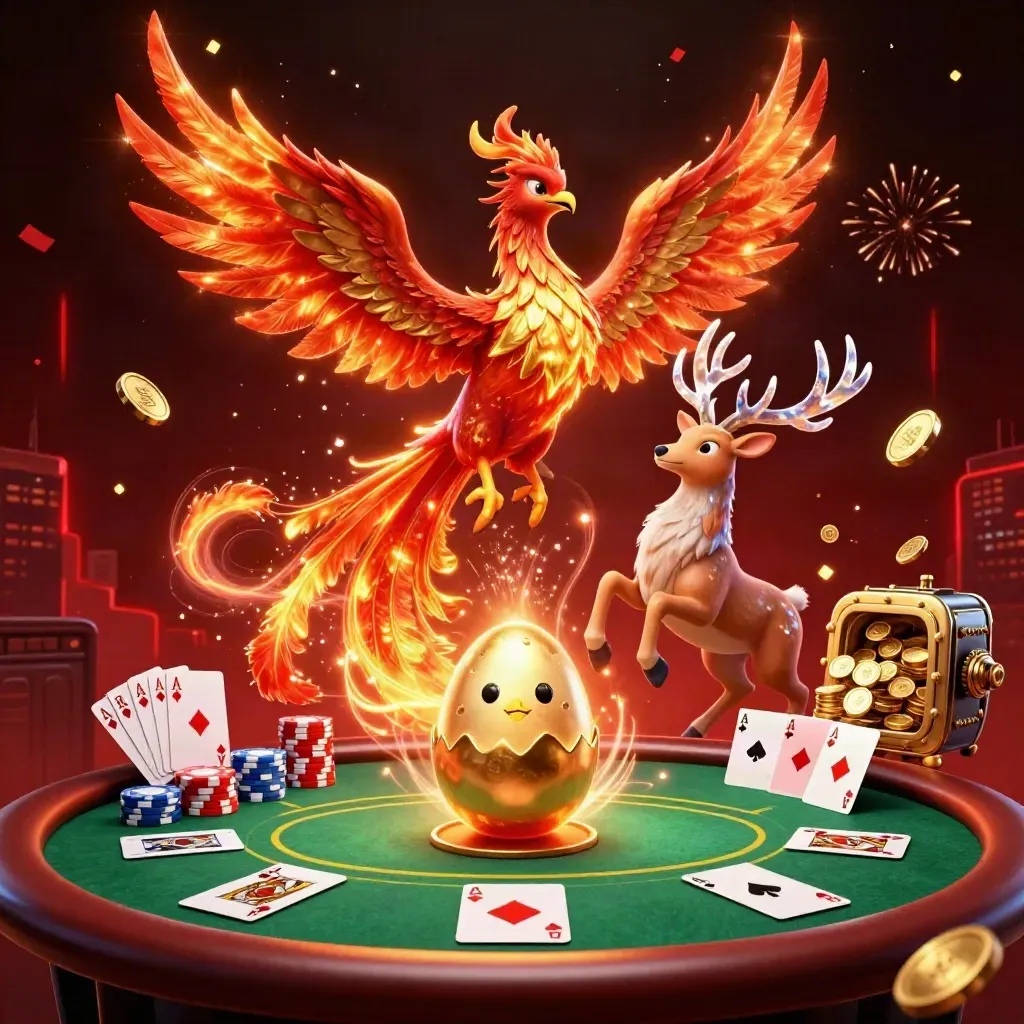 Phoenix, hatchling, and crystal stag amid poker chips, gold coins, fireworks, and a casino table.