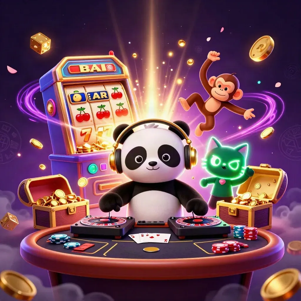 DJ panda, monkey, and kitten amid jackpot bursts, coins, chips, and a glowing poker table.