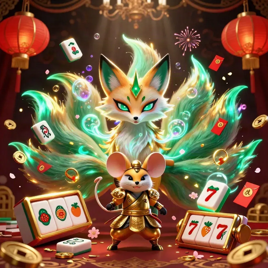 Fox spirit and samurai mouse amid casino symbols, neon glow, and luxury gold lighting.